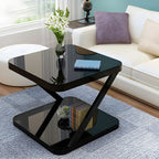 2-Tier Black Glass End Table with Storage for Living Room