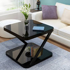 2-Tier Black Glass End Table with Storage for Living Room